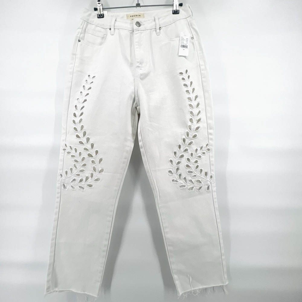Pacsun Mom Jeans Women's 28 White Cutout Embroidered Crop Raw Hem NWT